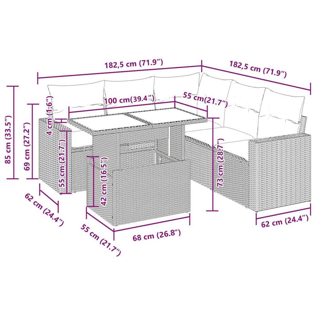 Set divano e tavolo in vimini da esterno con dimensioni etichettate. Il set è su un patio in mattoni con sfondo naturale.
