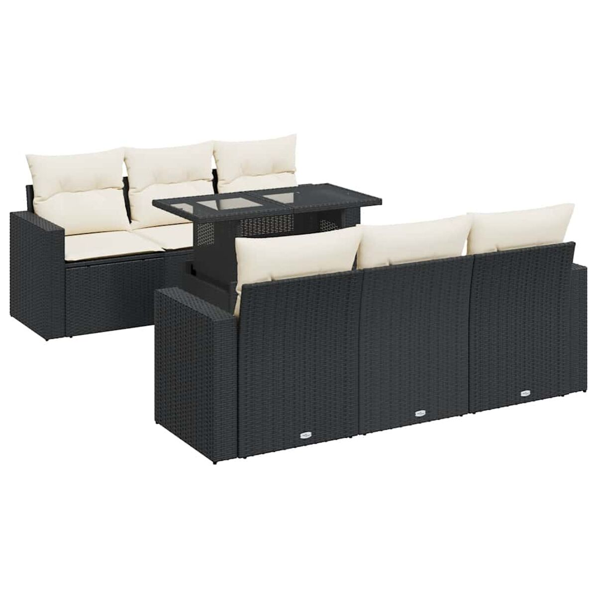 Set di divani in rattan nero con tavolo in legno.