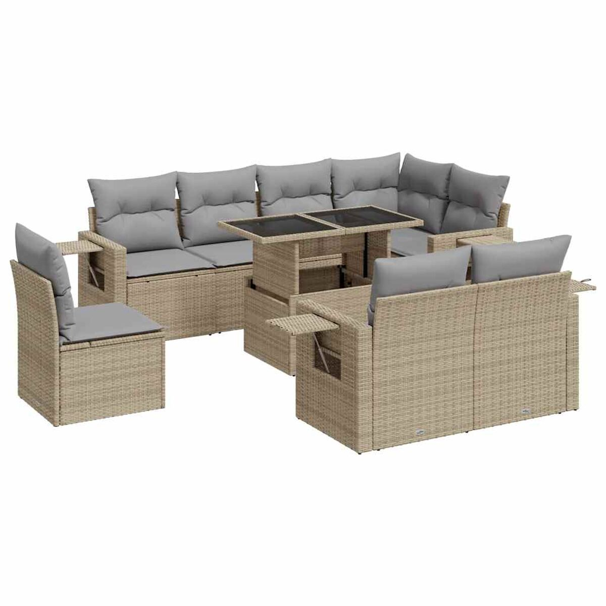 Divano angolare da esterno in vimini beige con cuscini grigi e tavolo elevabile.