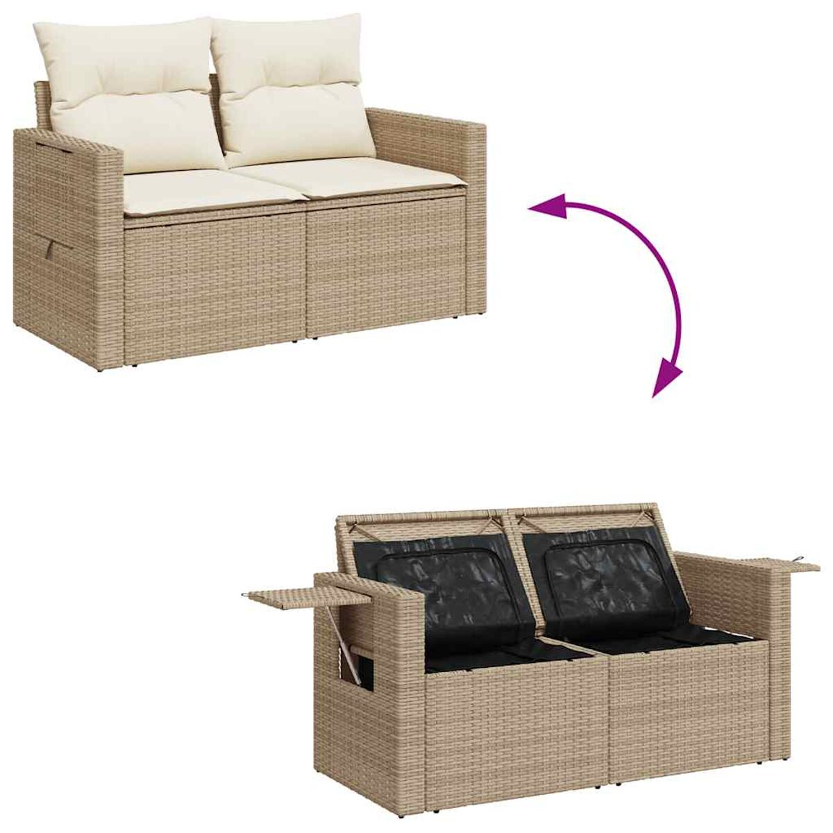 Divano beige da esterno con vano contenitore, mostrato chiuso e aperto, rivelando spazio.