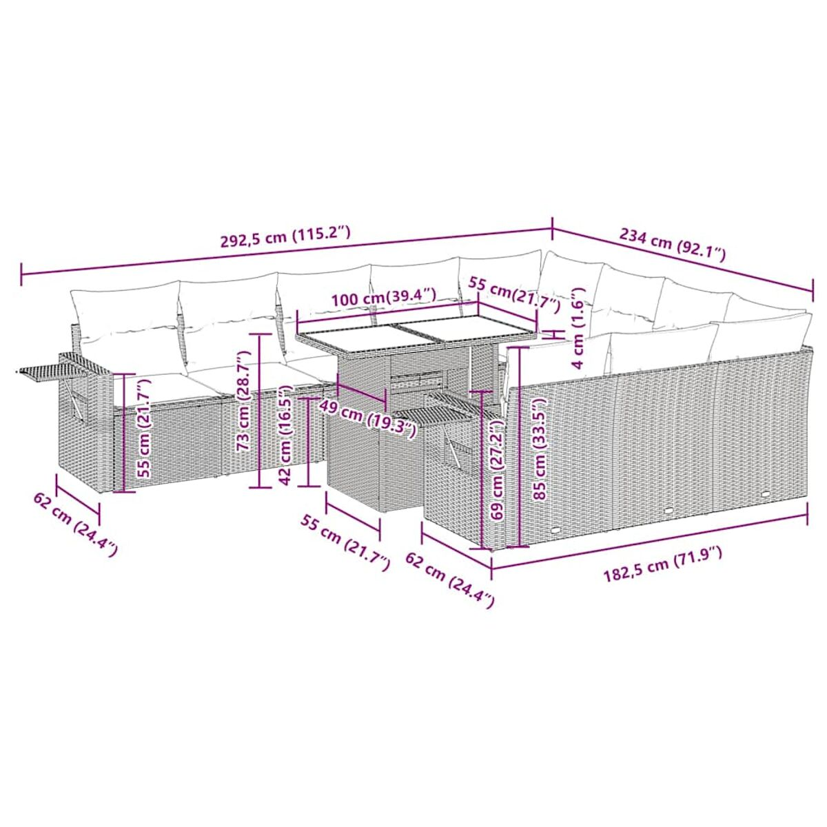 Set di mobili da esterno di grandi dimensioni: divano, tavolo con dimensioni in cm e pollici.