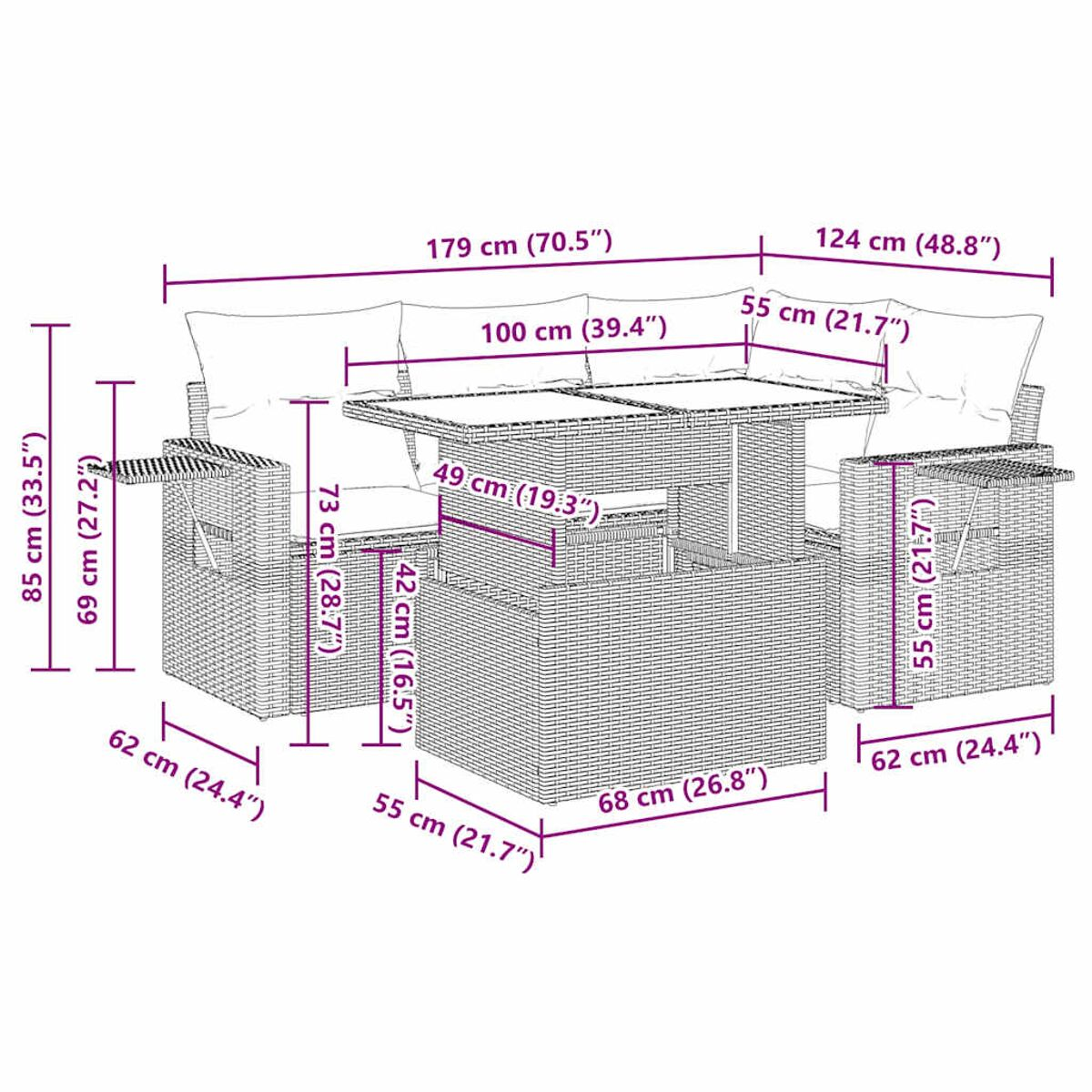 Diagramma di un set divano in rattan con misure in cm e pollici. Contiene un tavolo con piano elevabile.