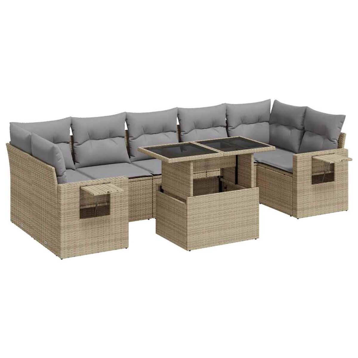 Divano componibile da esterno in vimini beige con cuscini grigi e tavolo con piano rialzabile.