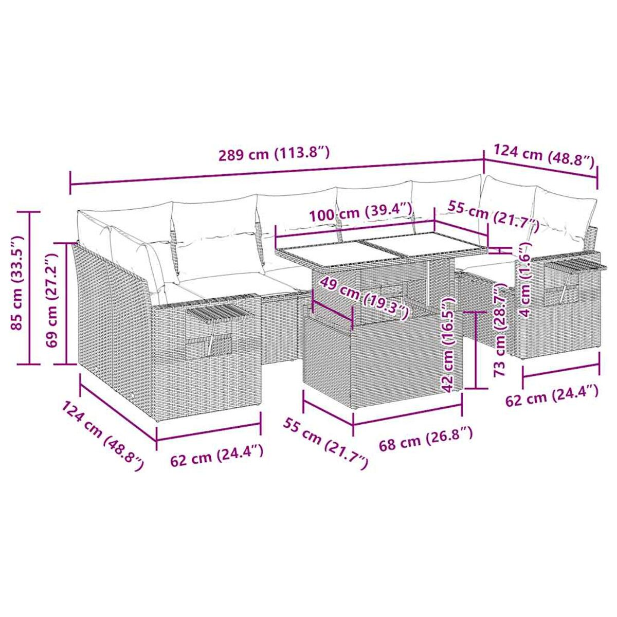 Schema di un divano in rattan con dimensioni in cm e pollici, con un tavolo.