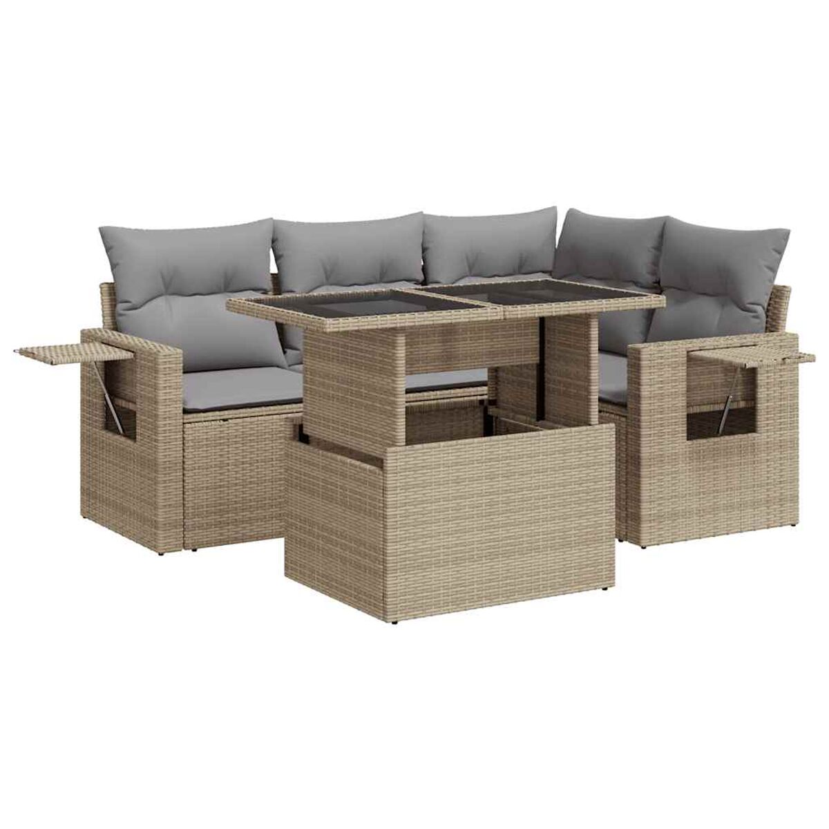 Set divano in rattan beige con tavolo elevabile. Il set include cuscini grigi.