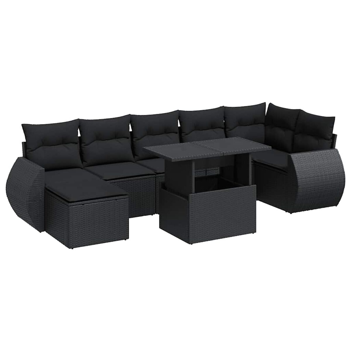 Set divano componibile da esterno con un tavolo. Stile vimini nero con cuscini neri. Design moderno.