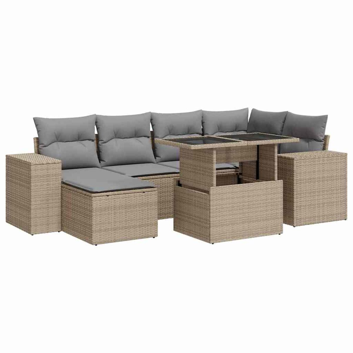 Divano componibile beige da esterno con cuscini grigi e tavolino sollevabile. Isolato.