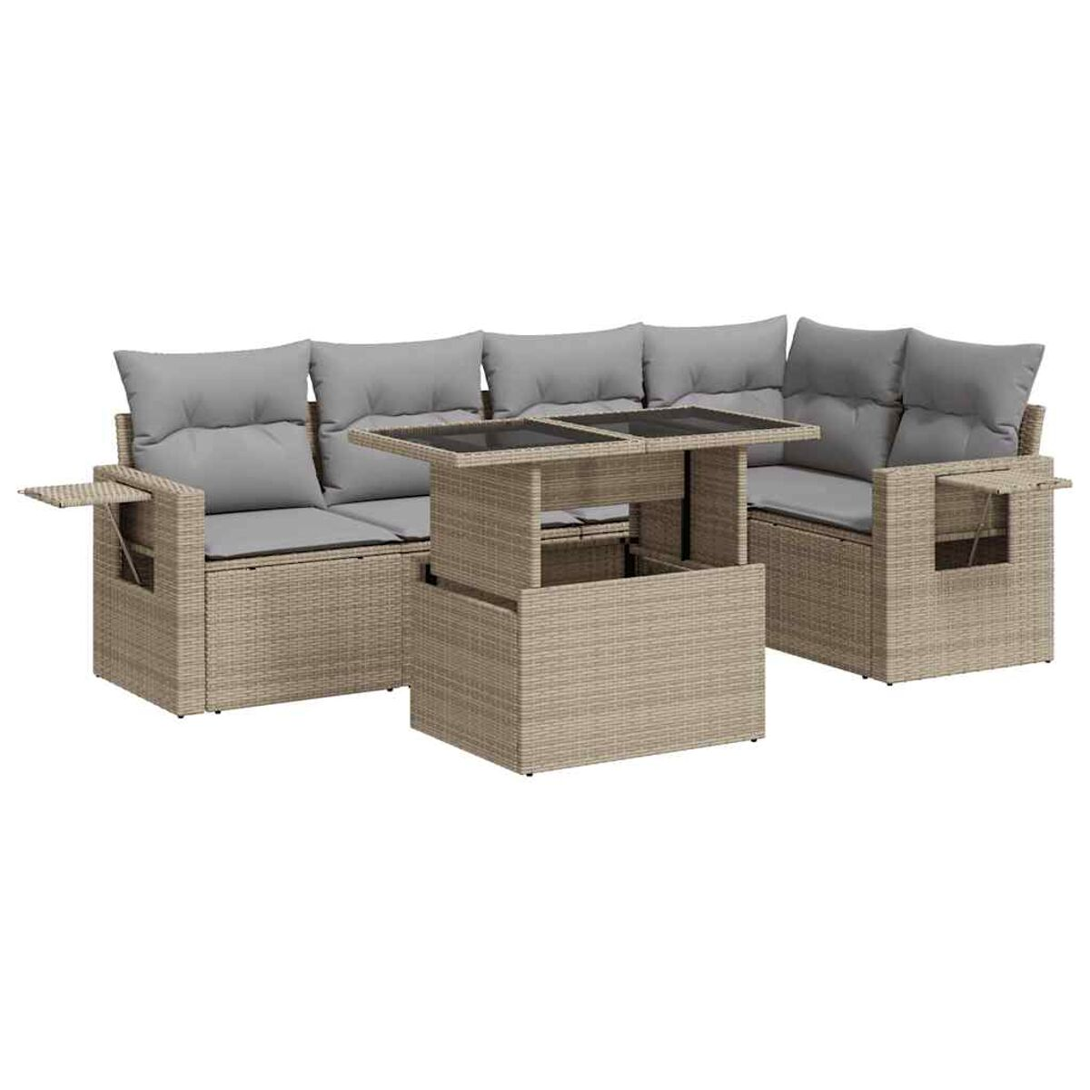 Divano componibile in vimini beige con cuscini grigi e un tavolo in legno, su sfondo bianco.