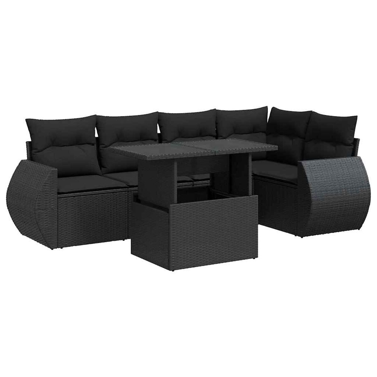 Divano angolare in rattan nero con cuscini neri e tavolo. Sfondo bianco.