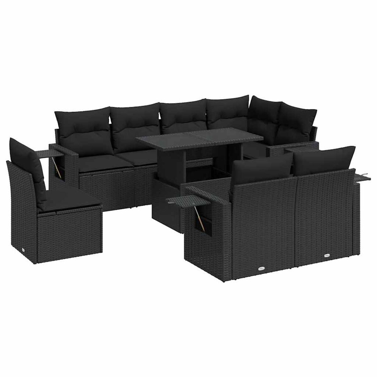 Salotto esterno in vimini nero con cuscini. Include tavolo e sedie. Sfondo bianco.