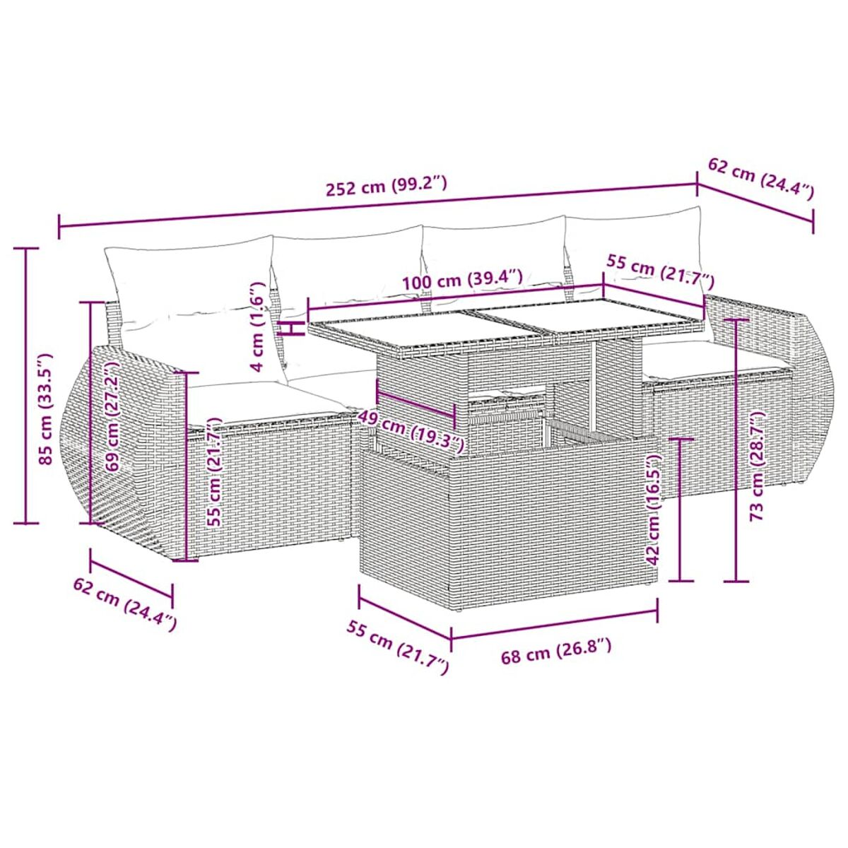 Set da esterno in rattan con divano e tavolo, con dimensioni indicate.