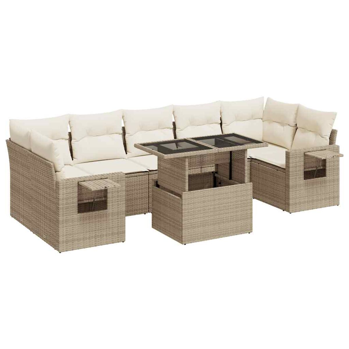 Sezionale in vimini beige con cuscini color crema e tavolo con piano in vetro. Diverse sezioni di seduta.