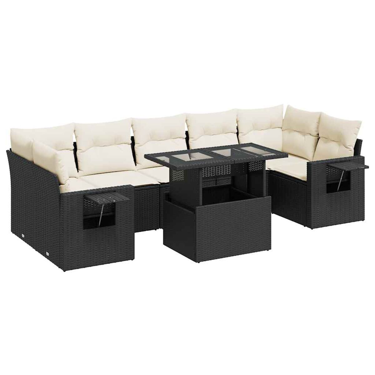 Divano componibile in vimini nero con cuscini color crema e tavolo elevabile.