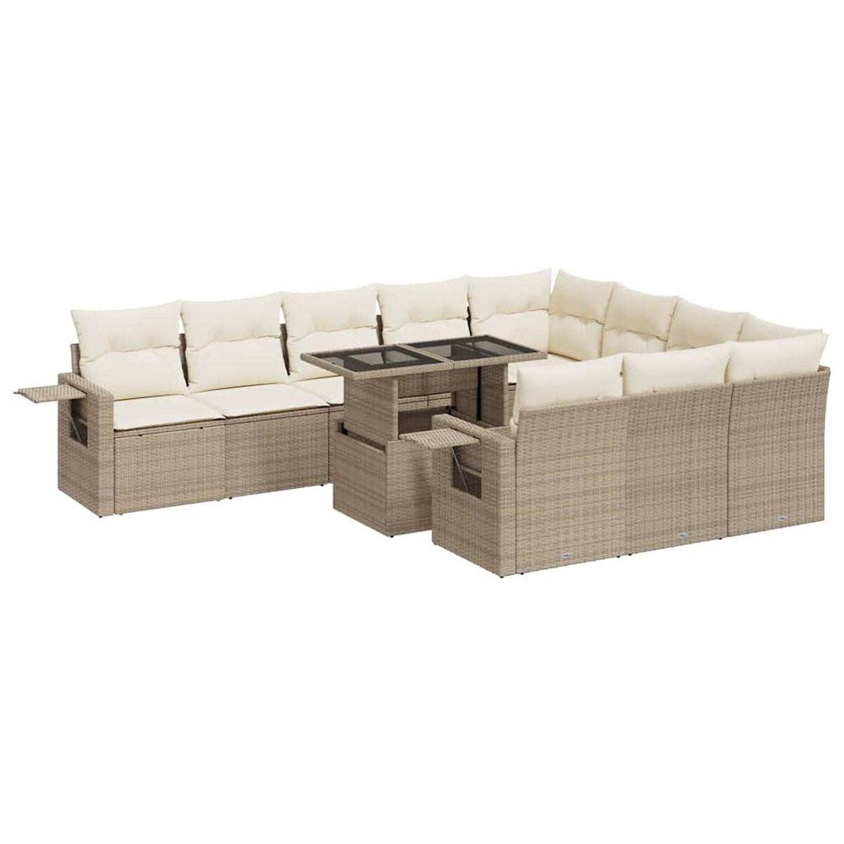 Divano angolare in rattan beige con tavolo sollevabile, cuscini color crema. Sfondo bianco.