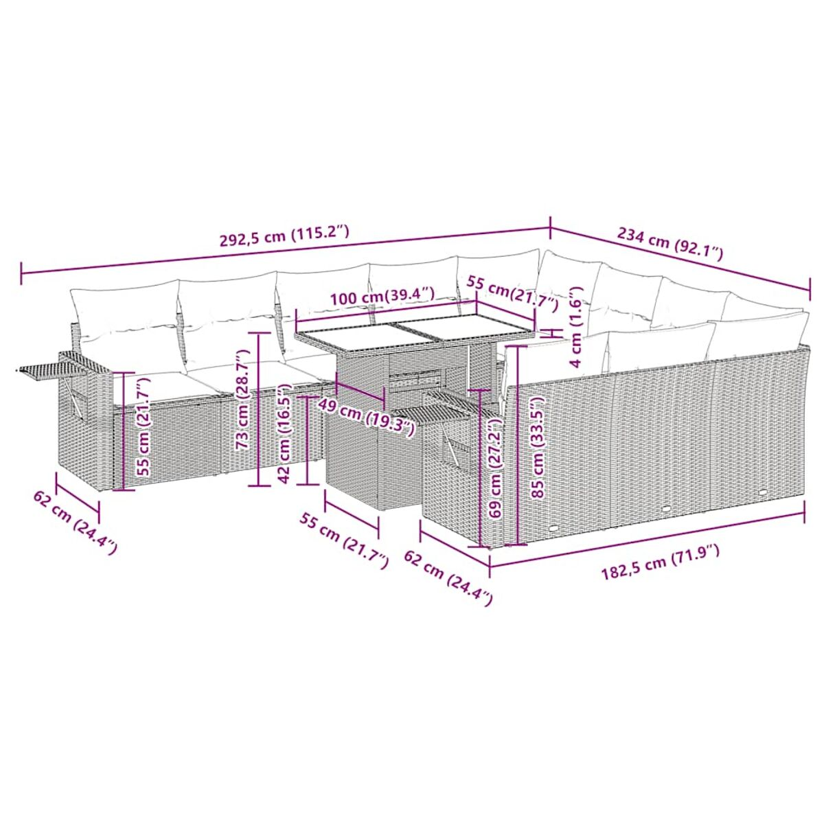 Set patio in vimini con dimensioni, tra cui tavolo e sedute.