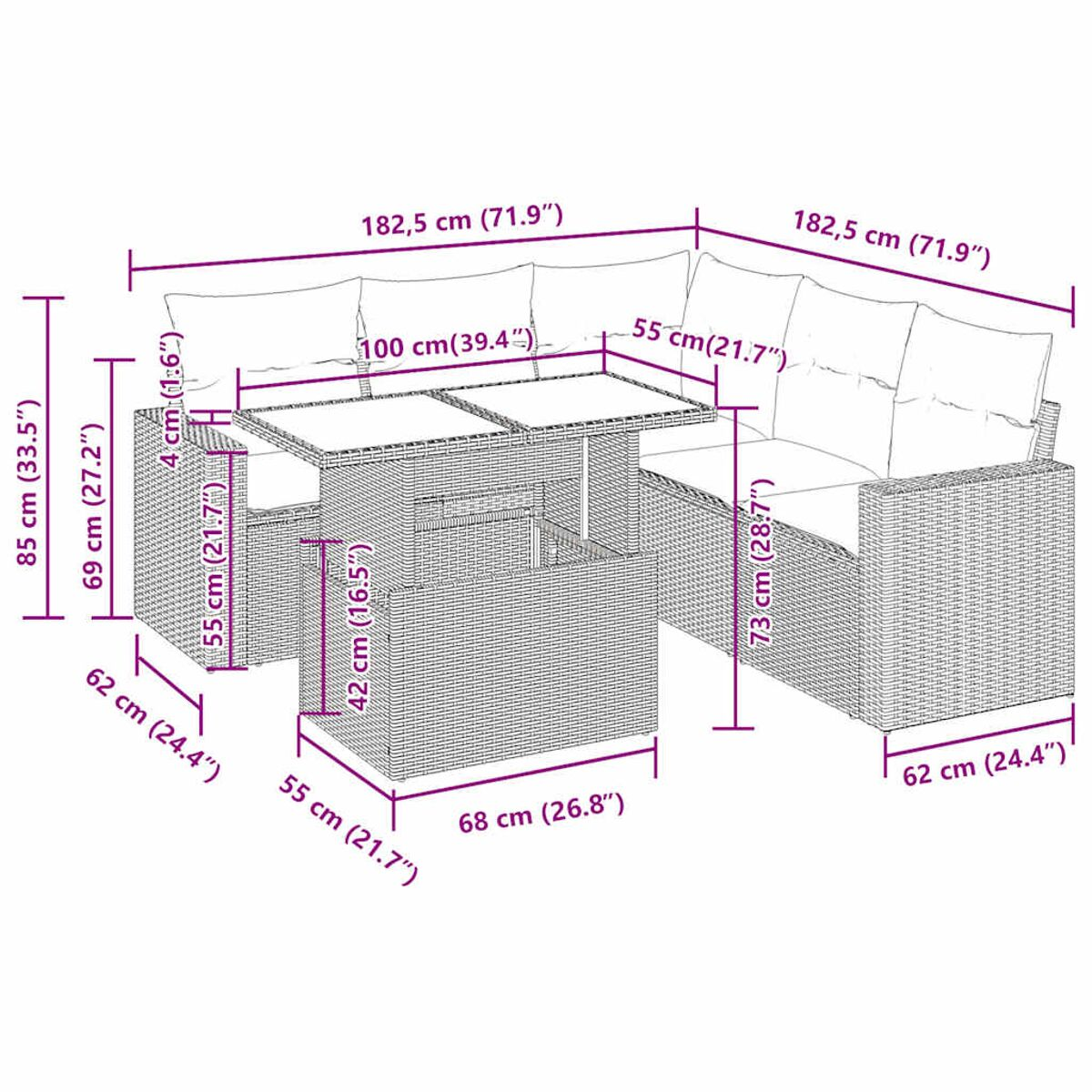 Set divano in vimini con dimensioni. Include un divano, un tavolo e un sedile.