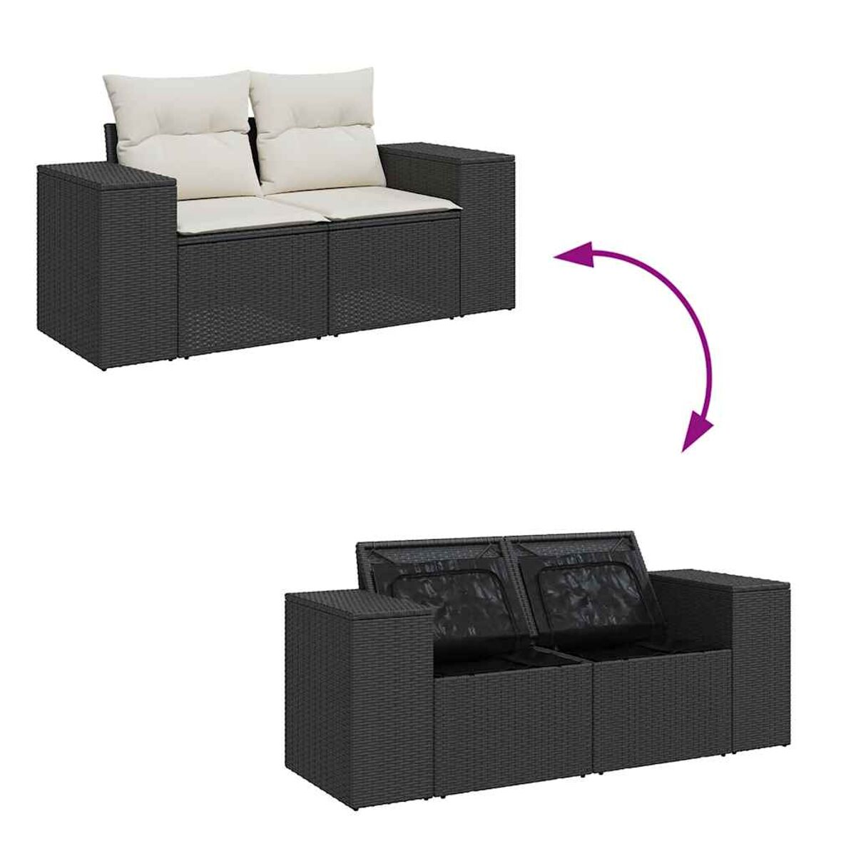 Zwei Outdoor-Sofas aus Korbgeflecht. Eines mit Kissen, eines mit offenem Stauraum.