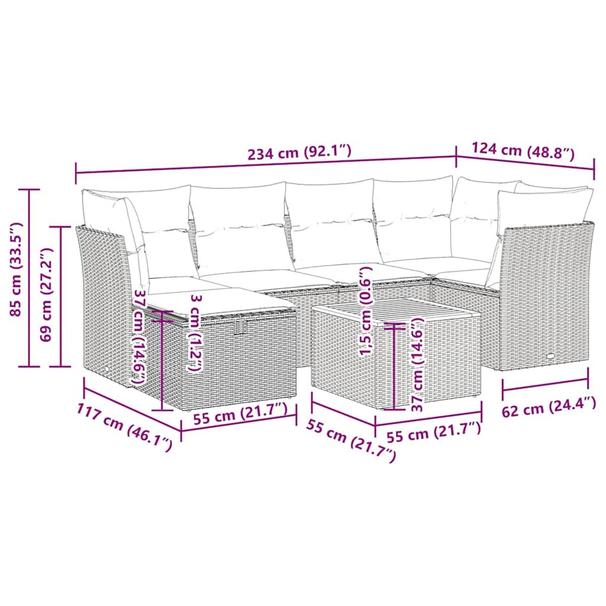 Ein Ecksofa mit Abmessungen, beigen Kissen und einem Couchtisch auf einer Terrasse.
