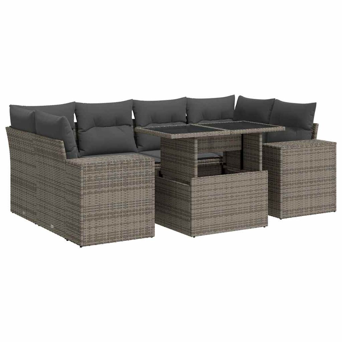 Set divano angolare in vimini grigio con tavolo. Include cuscini.