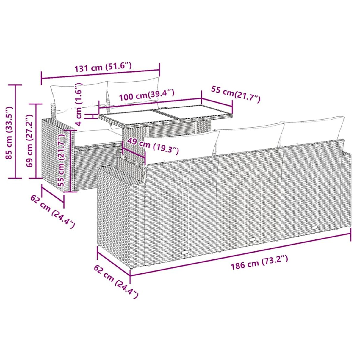 Schema di divano in rattan con dimensioni, tavolo, in cm e pollici.