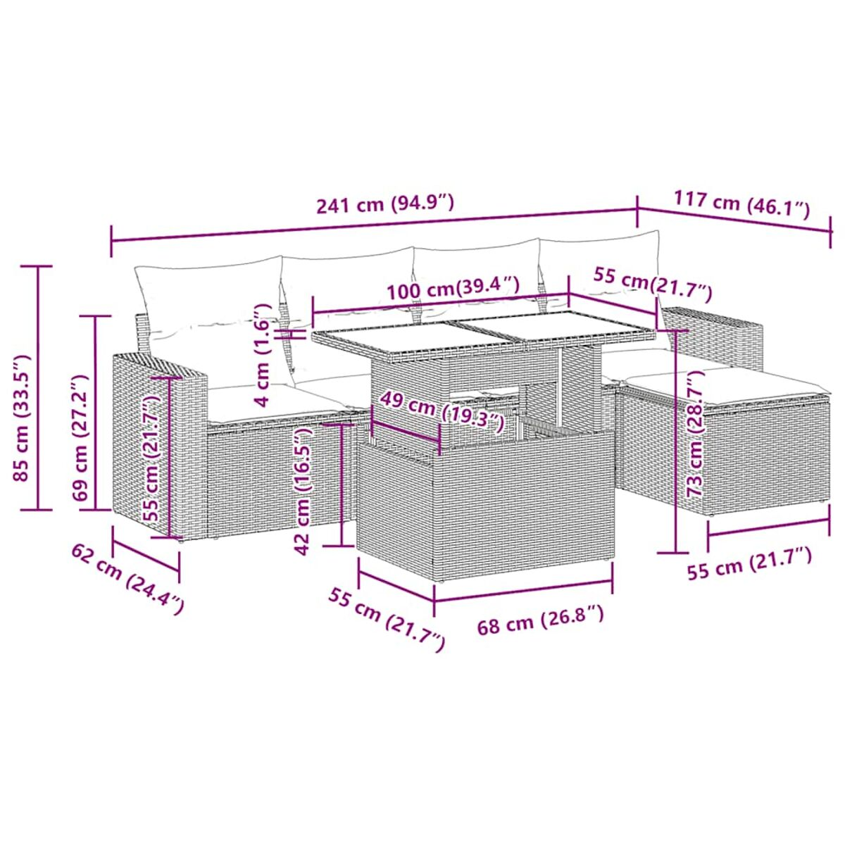 Diagramm eines Korbsessel-Sets mit Tisch und Sofa. Maße sind in cm und Zoll angegeben.