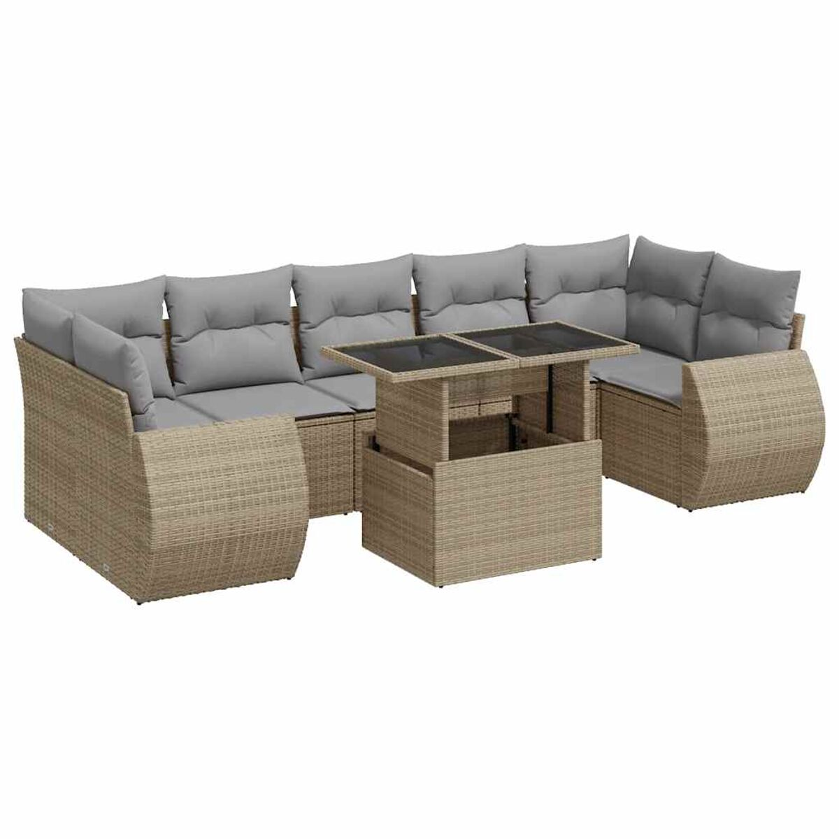 Divano componibile da esterno in vimini beige con cuscini grigi e tavolo rialzabile.