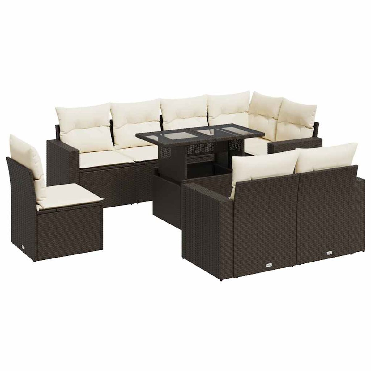 Divano angolare in vimini marrone scuro con cuscini color crema e tavolo su bianco.