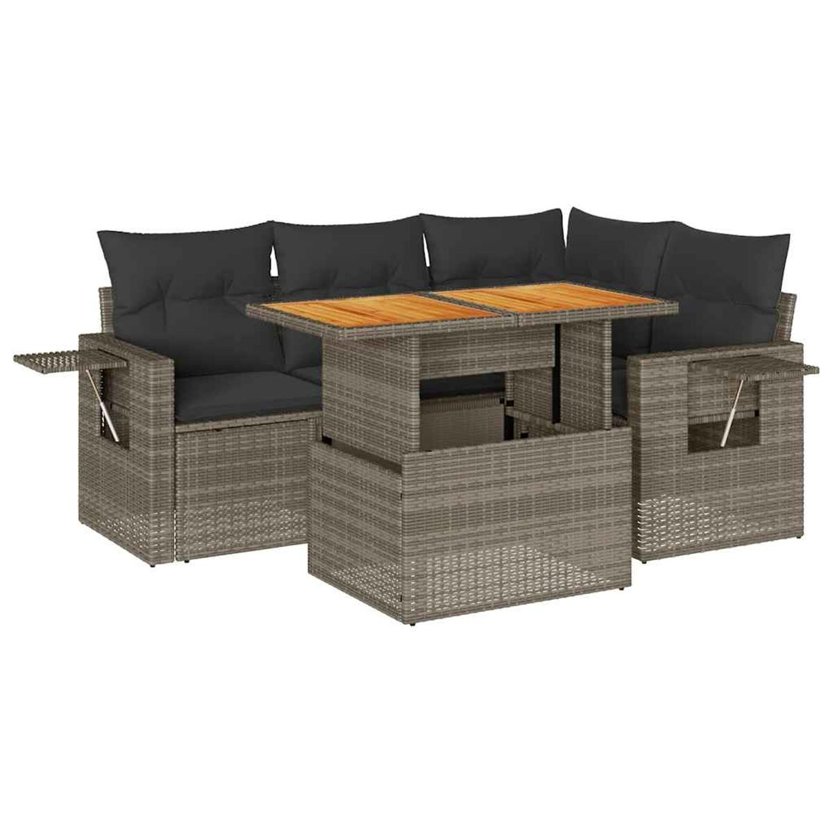 Set di mobili da esterno in rattan con cuscini e tavolo in legno. Colore grigio.