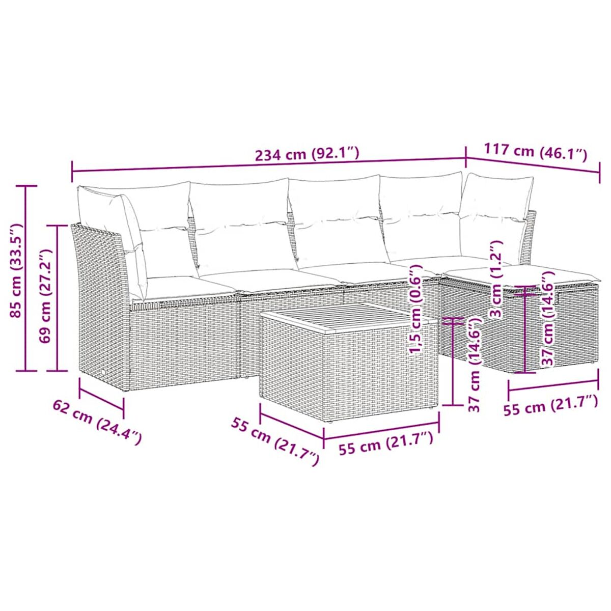 Set divano componibile da esterno in vimini con dimensioni. Include un tavolo e un pouf.