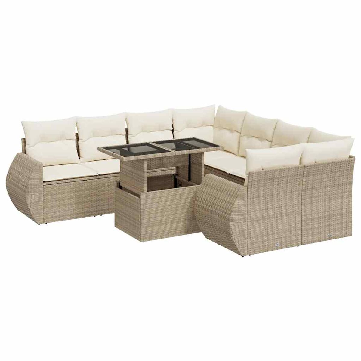 Un set divano in rattan marrone chiaro con un tavolo elevabile e cuscini color crema.