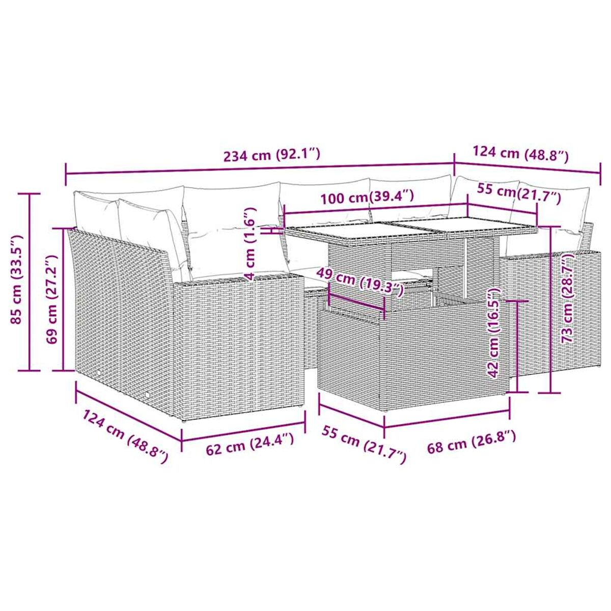 Diagramm eines großen Ecksofas aus Korbgeflecht für den Außenbereich mit Maßen.