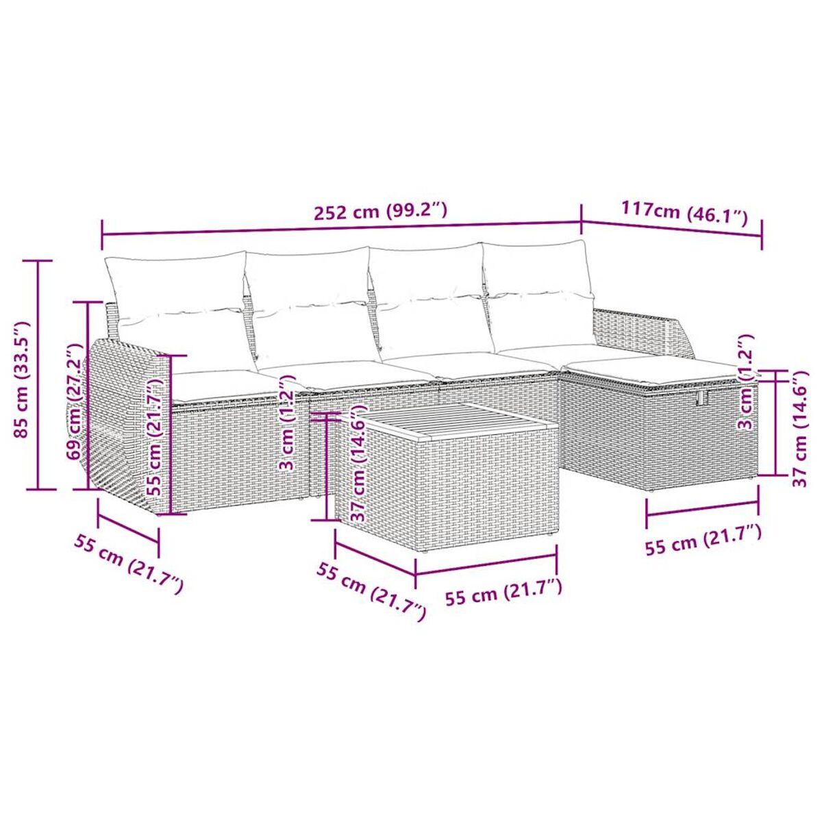 Set divano in vimini da esterno con dimensioni. Presenta divano, pouf e tavolo. Dimensioni etichettate.