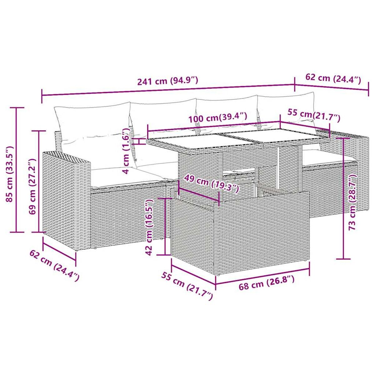 Diagramma che mostra un set di mobili da patio con misure in cm e pollici.