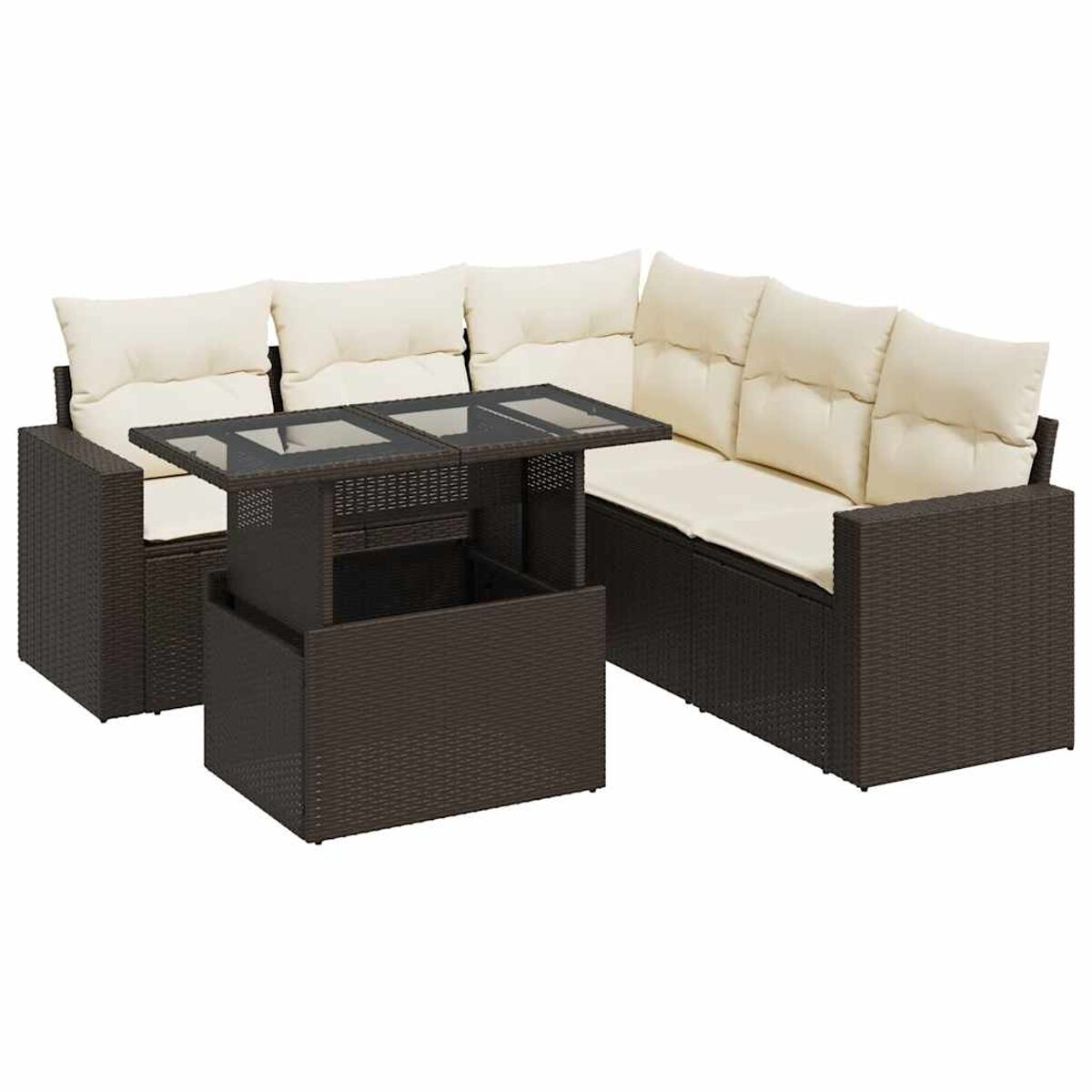 Divano angolare in rattan marrone con cuscini beige e tavolino.
