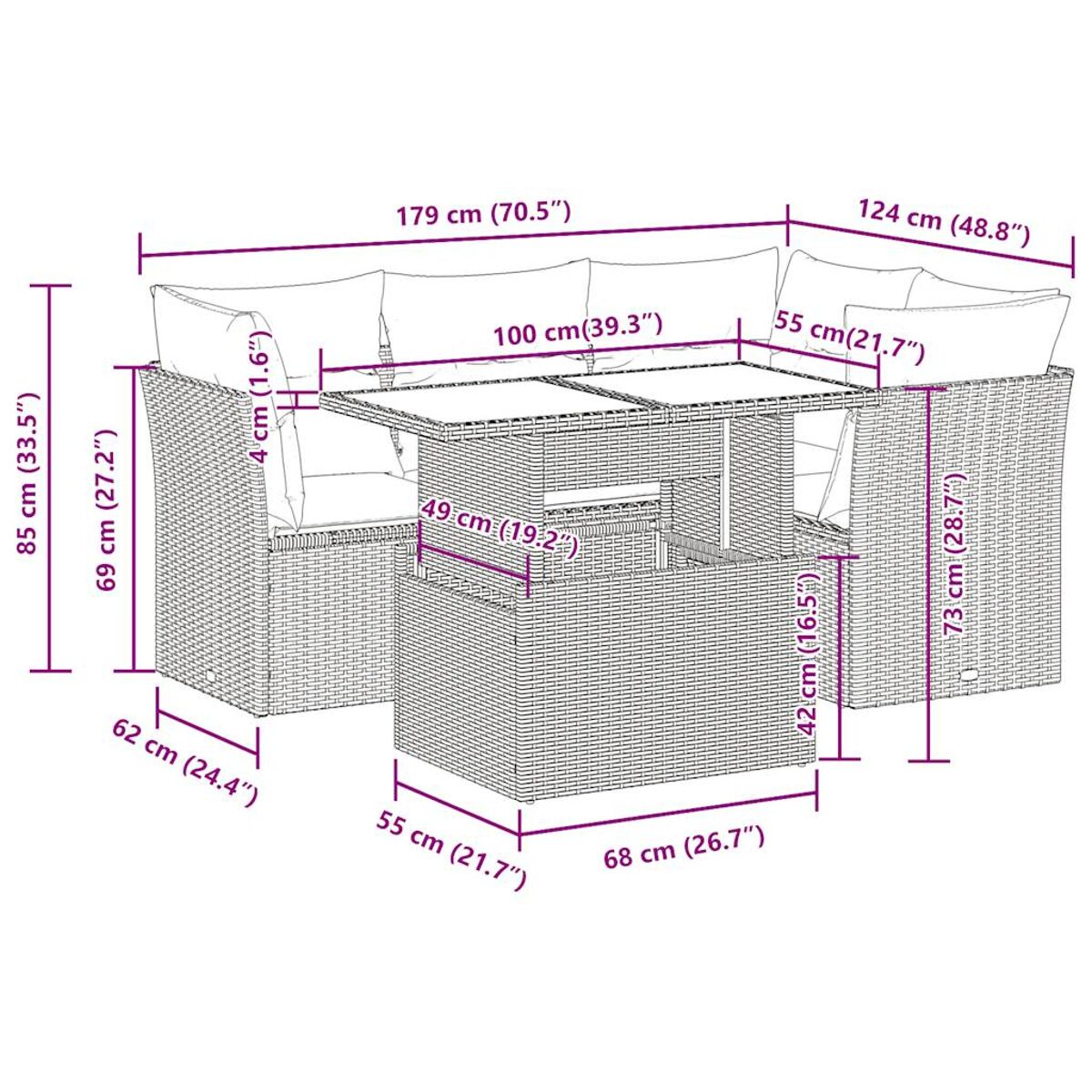 Geflochtenes Outdoor-Sofaset mit Tisch, Maße angegeben. Beige geflochten, helle Kissen.