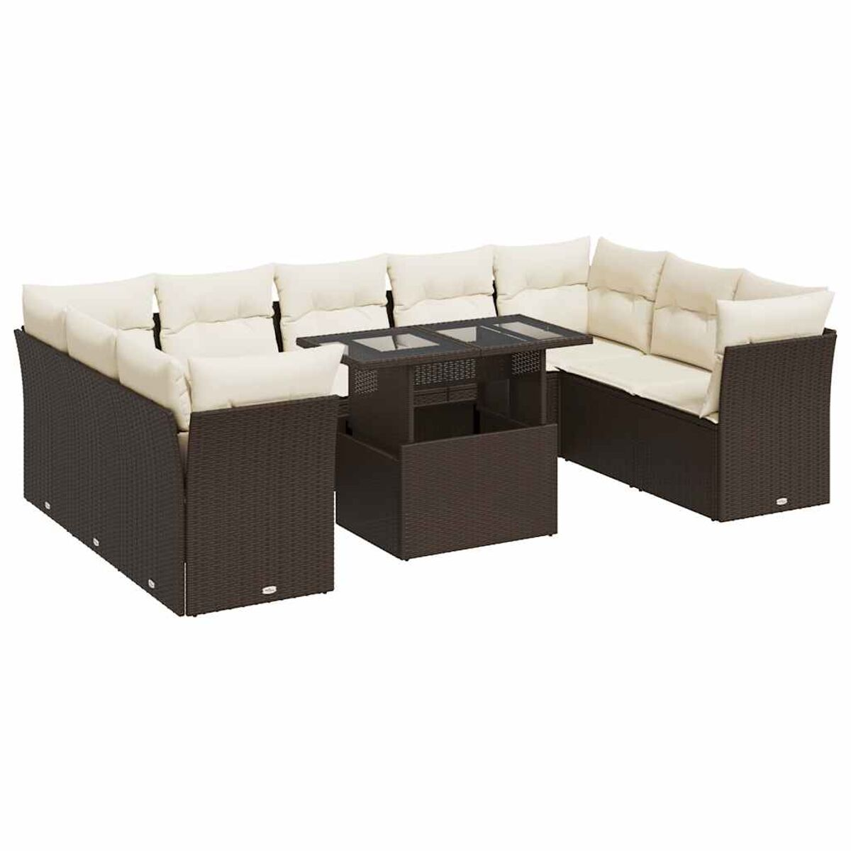 Divano componibile da esterno in vimini marrone con cuscini beige e tavolo centrale.