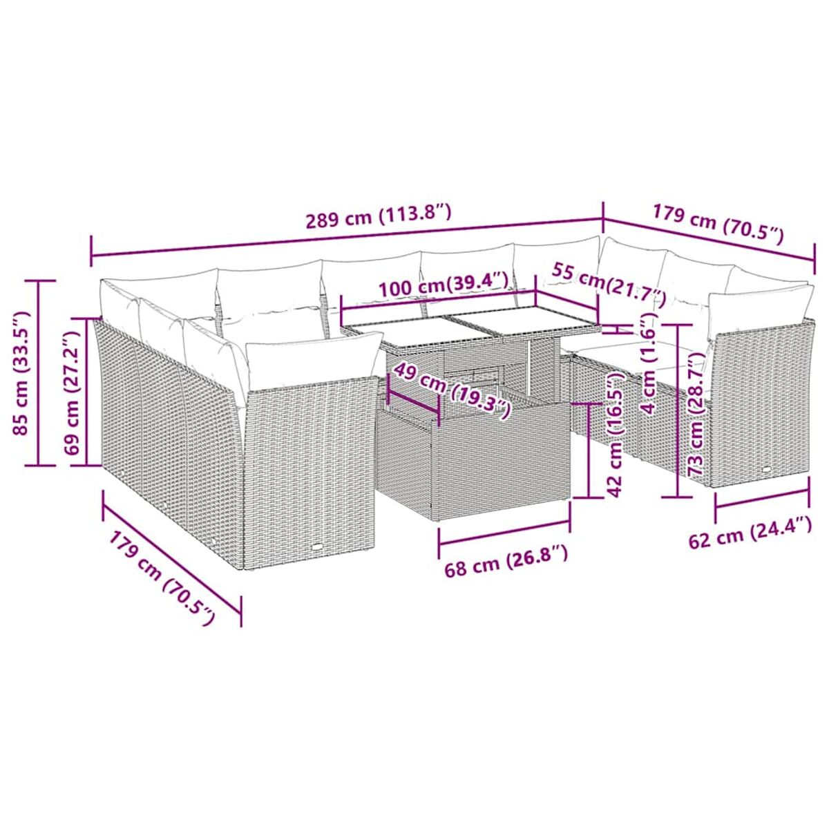 Un grande set di sedute per esterni con dimensioni etichettate in centimetri.