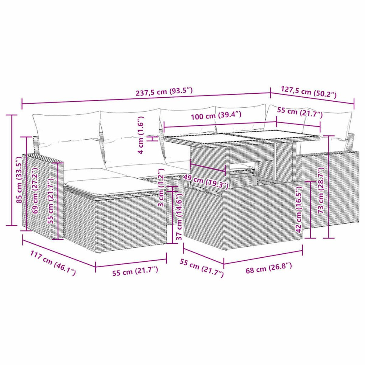Schema che mostra un set da patio in vimini con tavolo e divano. Le misure sono fornite in cm e pollici.