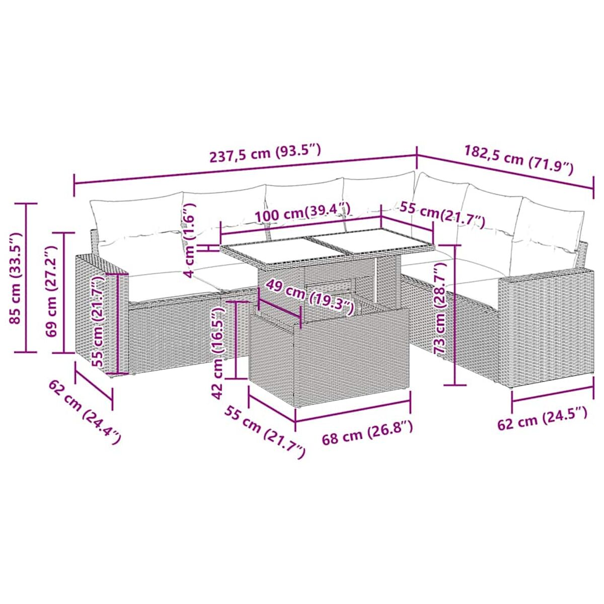 Set divano in rattan da esterno con tavolo. Dimensioni indicate. Cuscini bianchi e vimini marrone.