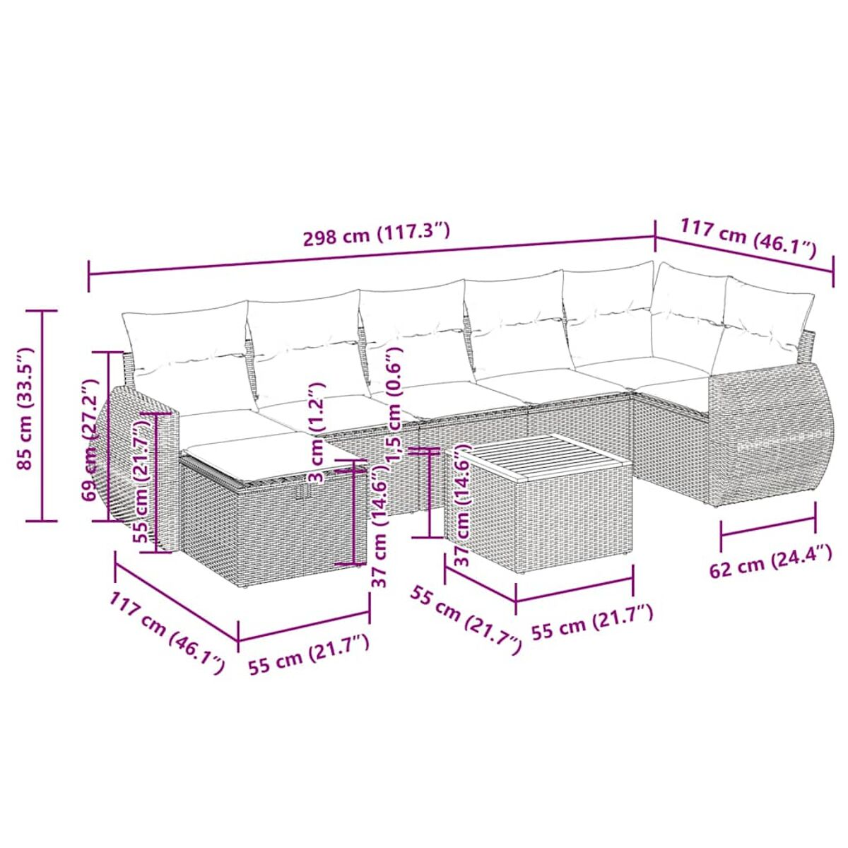 Geflochtenes Outdoor-Sofa mit Abmessungen.