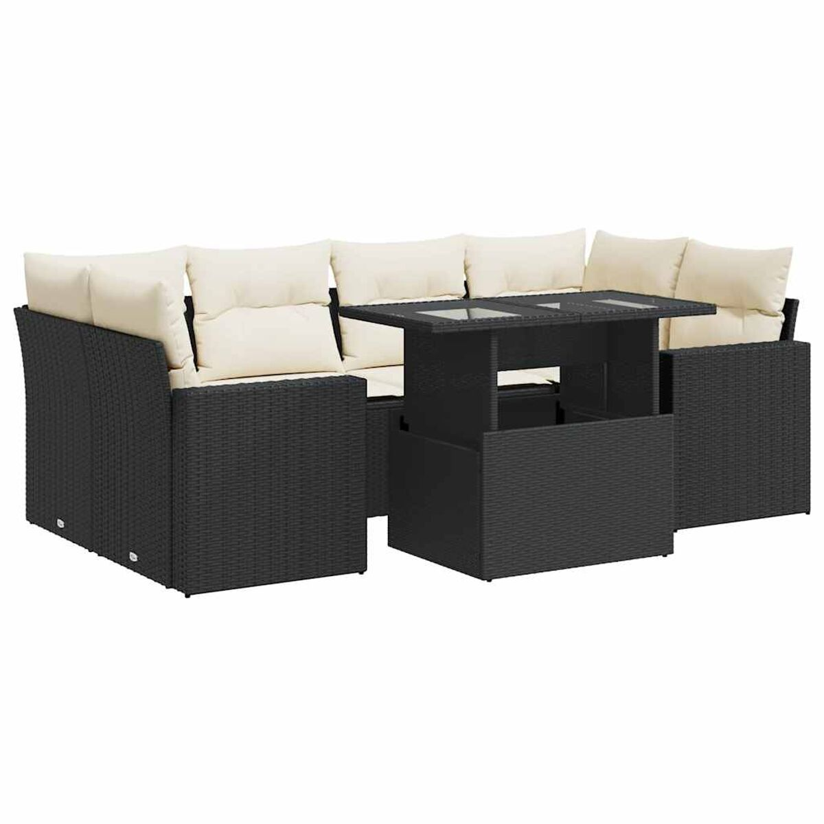Divano da esterno in rattan nero con cuscini beige e tavolo. Sfondo bianco.