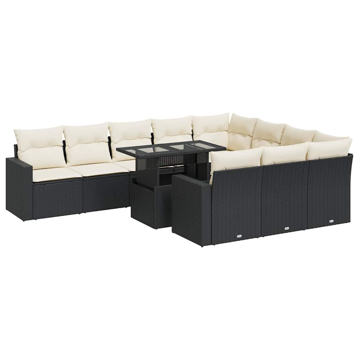 Divano componibile in vimini nero con tavolo, cuscini color crema. Sfondo bianco.