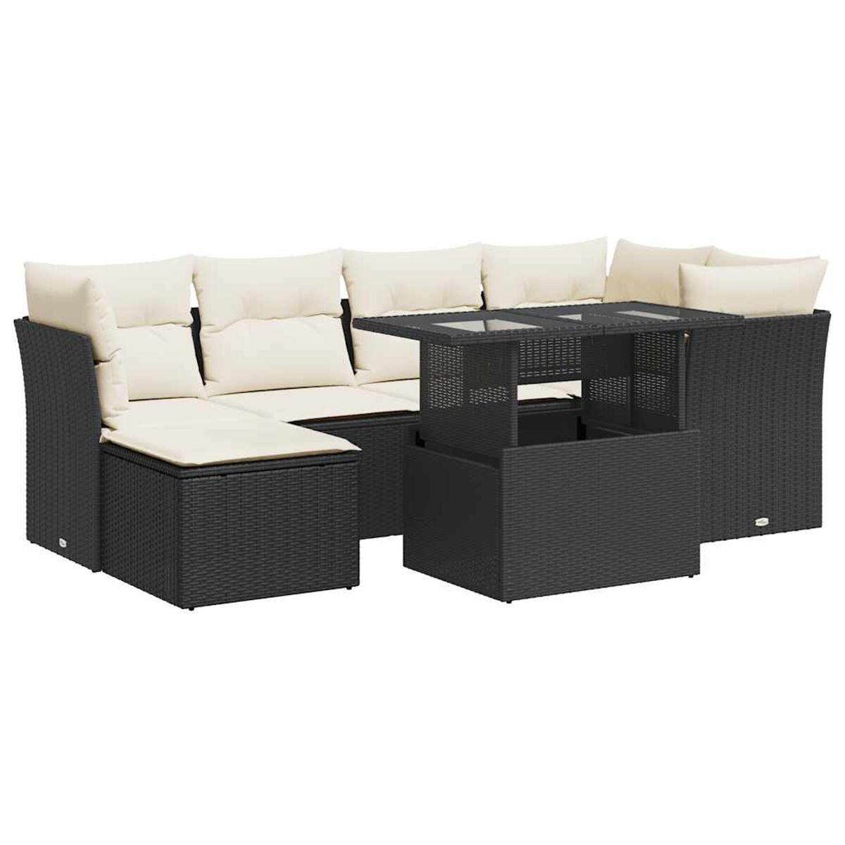 Set patio in vimini nero con cuscini color crema e tavolo con piano in vetro.