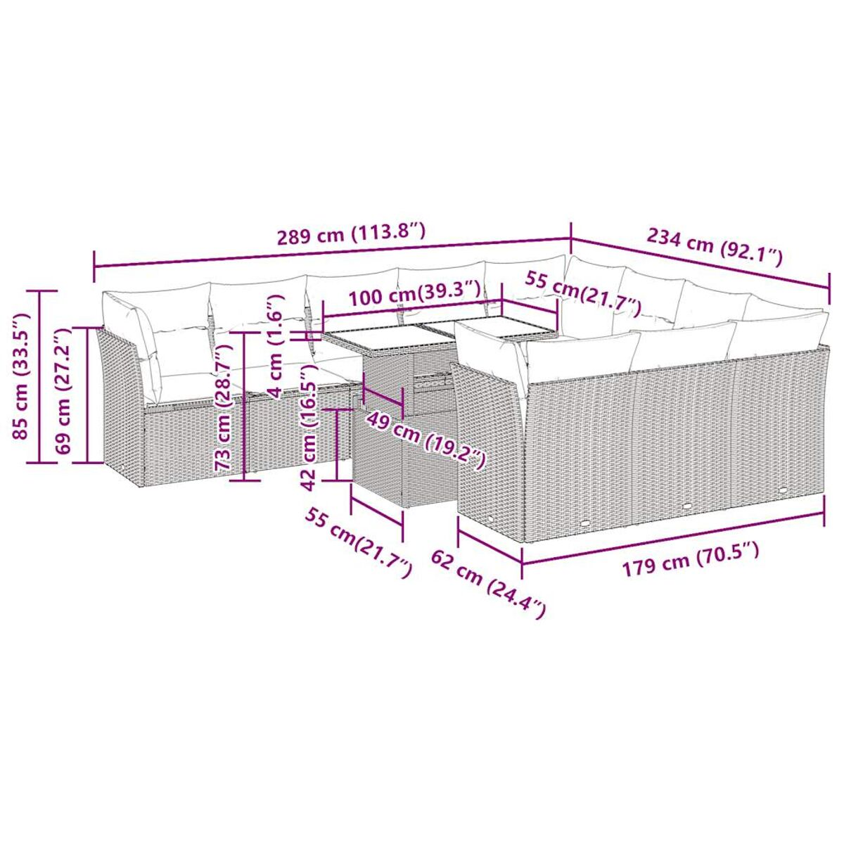 Ein Diagramm eines Rattan-Gartenmöbelsets mit Maßangaben in cm und Zoll.