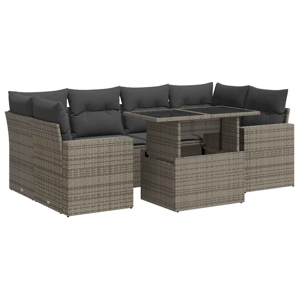 Divano angolare in rattan grigio con tavolo in legno e cuscini neri.
