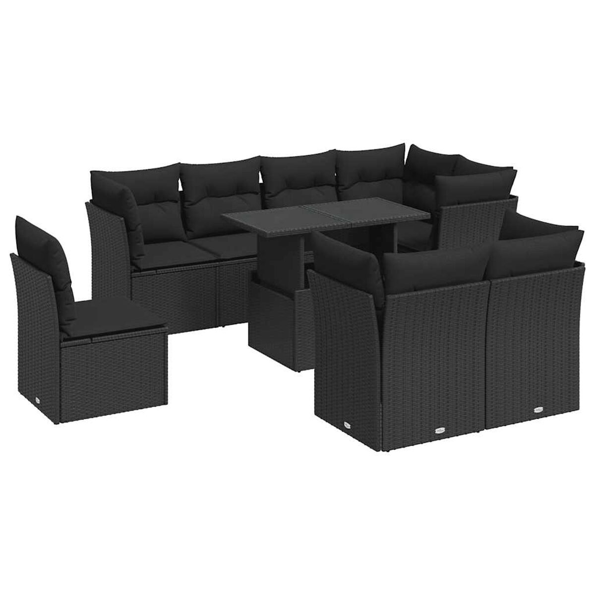 Set divano in vimini nero con tavolo e sedie. Cuscini neri. Sfondo bianco.