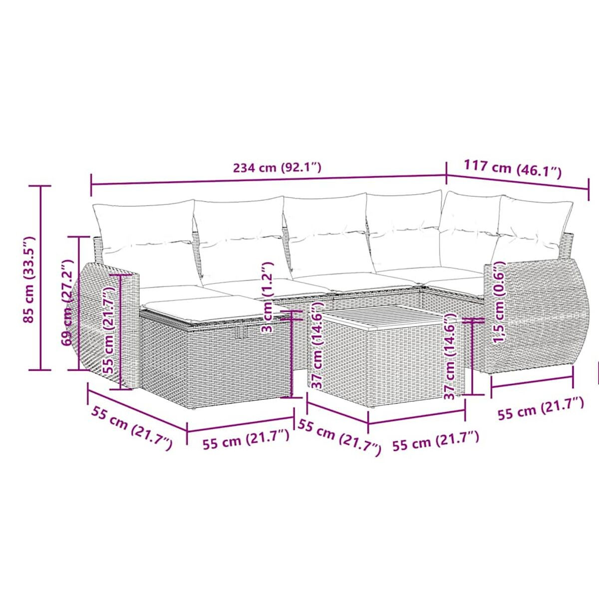 Diagramma che mostra le dimensioni dei mobili da esterno in vimini. Vengono mostrati un divano componibile e un tavolo.