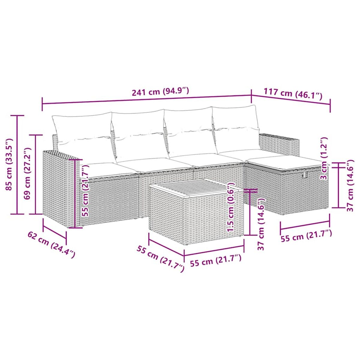 Ein Ecksofa für den Außenbereich mit Abmessungen, in sonniger Umgebung, mit Kissen und einem Couchtisch.
