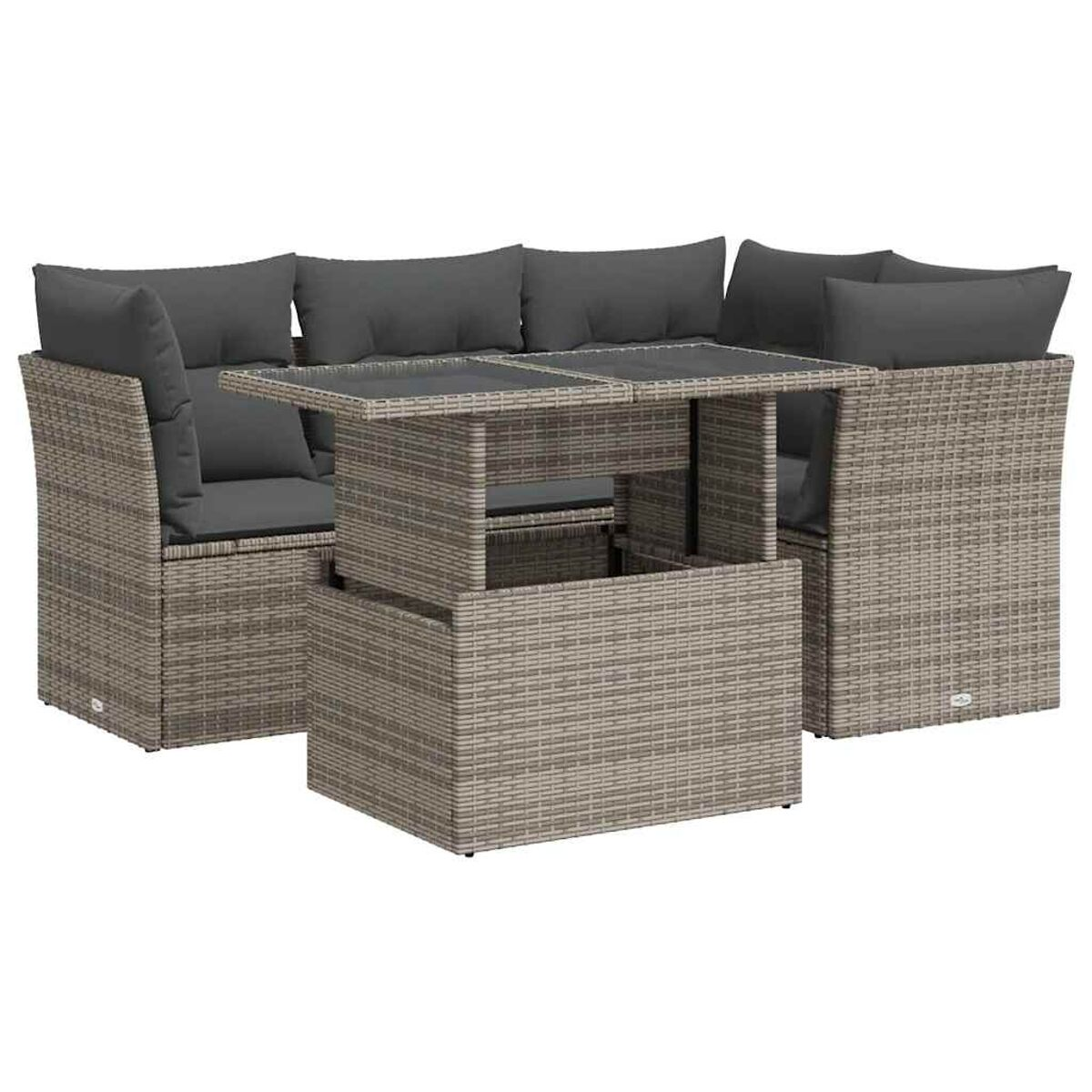 Set divano angolare in vimini grigio con tavolo. Include cuscini.