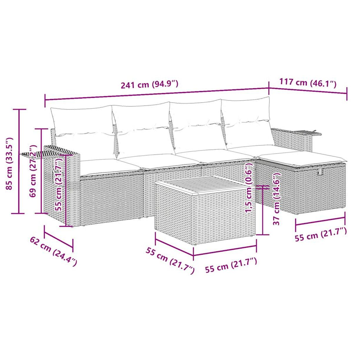 Set divano in rattan per esterni con tavolo e dimensioni, con misure indicate.
